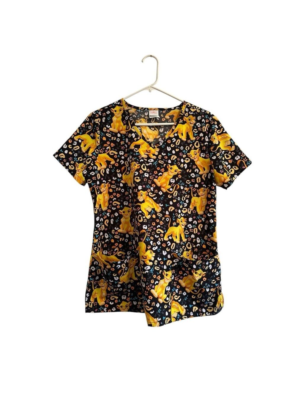 Disney Lion King Nurse Scrub Top Shirt Womens Small Black & Yellow Pockets CUTE!